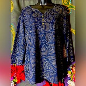 Intrepid Blue women’s casual blouse with peacock feather print